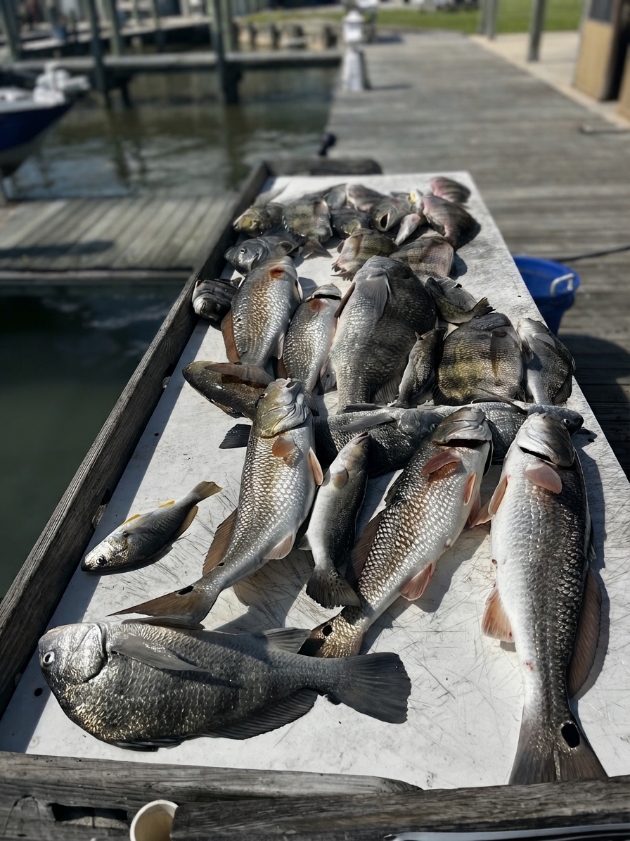 4 red drum, 5 black drum and 3 sheepshead caught out of Venice, Oct 20, 2026